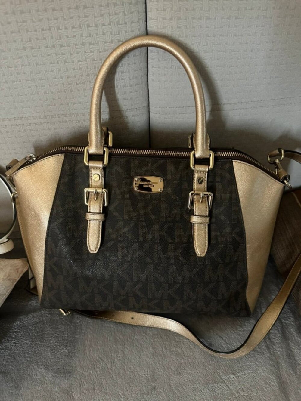 Michael Kors Signature Logo Satchel Bag with Matching Wallet Brown/Gold